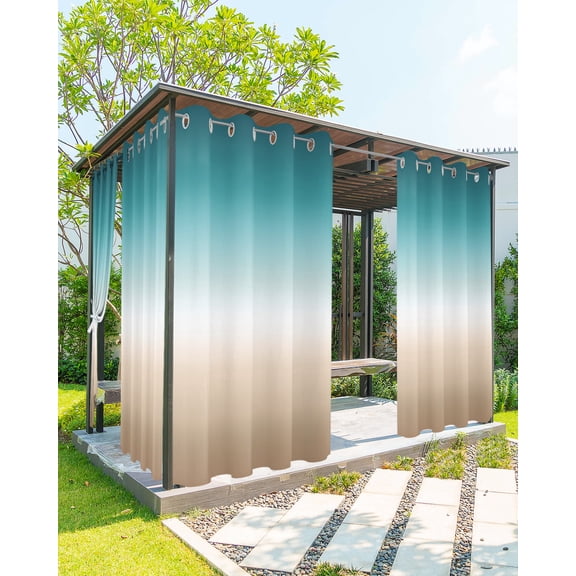 Outdoor Curtains for Patio, Gradient, Waterproof Blackout Outside Curtain for Porch/Pergola/Gazebo, Abstract Ombre Teal Khaki Colored Thermal Insulated Drapes for Cabana, 1 Panel, 54 x 108 Inch