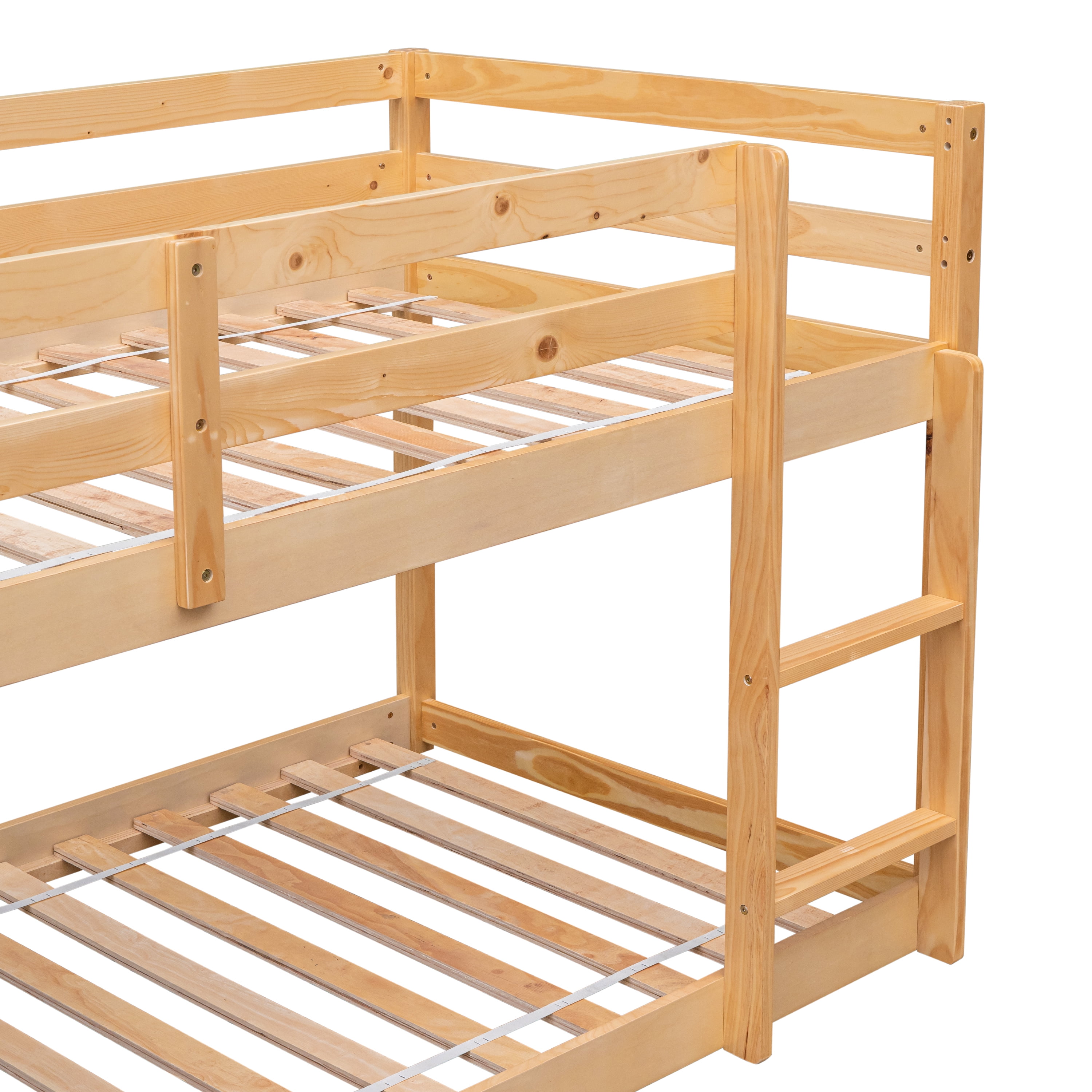 PORKISS Bunk Bed Twin Over Twin, Low Floor Bunk Bed for Kids with Guard Rails for Dorm, Small Space, No Box Spring Needed, Natural