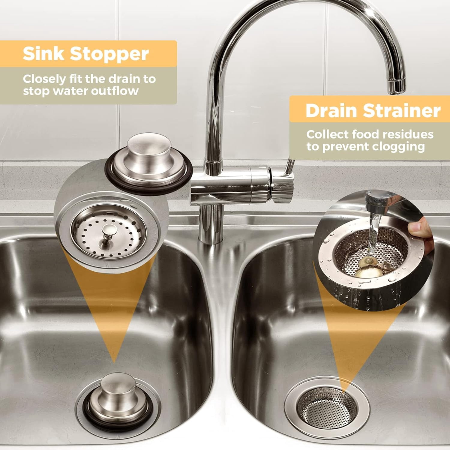 3 Pcs Kitchen Sink Drain Strainer and Stopper Stainless Steel Garbage Disposal Plug with Handle Universal Anti-Clogging Kitchen Sink Filter Sieve Basket Strainer(Brushed Silver)