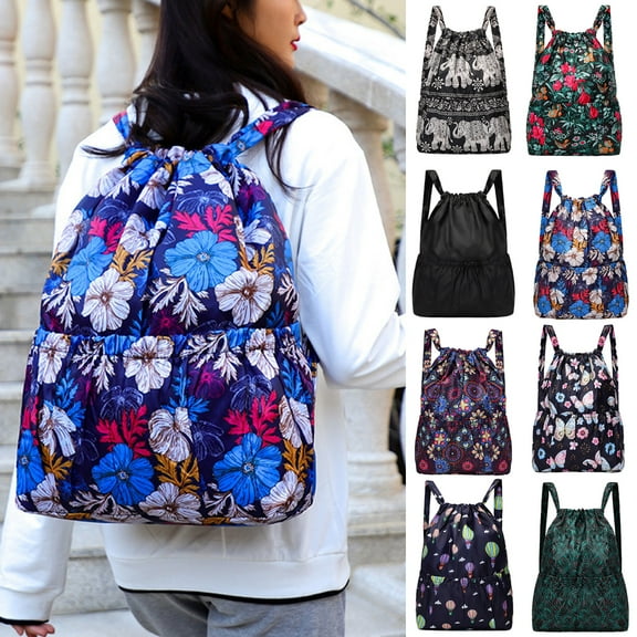 AYYUFE Women Backpack Flower Print Drawstring Lightweight Foldable Rucksack for Outdoor Travel Camping