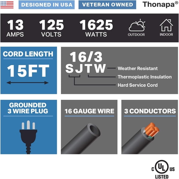 OTGFRF-15 Ft Black Outdoor Extension Cord - 16/3 SJTW Weatherproof Water Resistant Electrical Cable with 3 Prong Grounded Plug for Indoor & Outdoor,