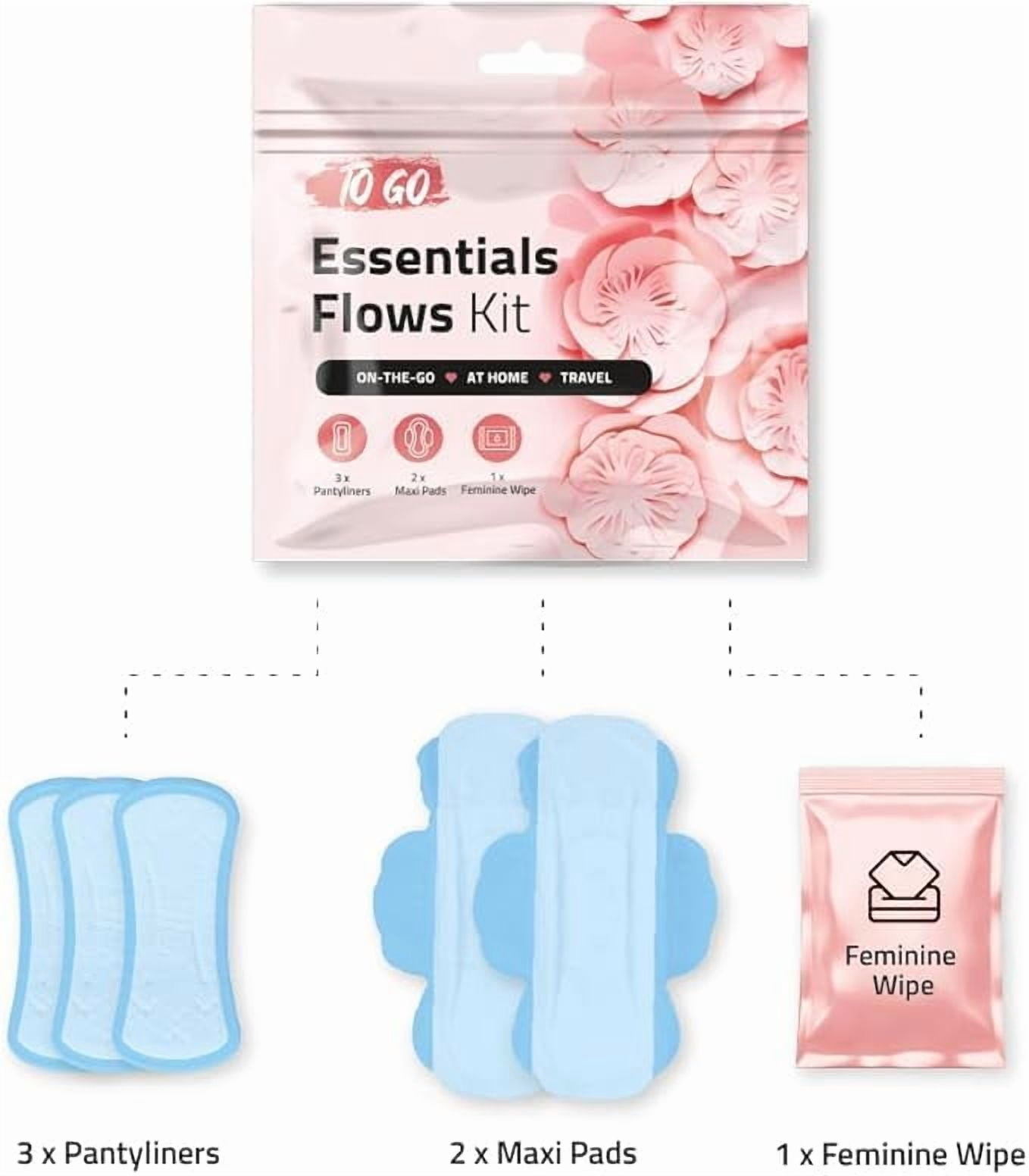 Disposable Essential Flows Period Kit for Girls and Teens - 3 Pantyliners, 2 Maxi Pads & Feminine Wipe | Confidence & Hygiene Essentials for School, First Period, Bulk for Charity (PINK STYLE) (50)
