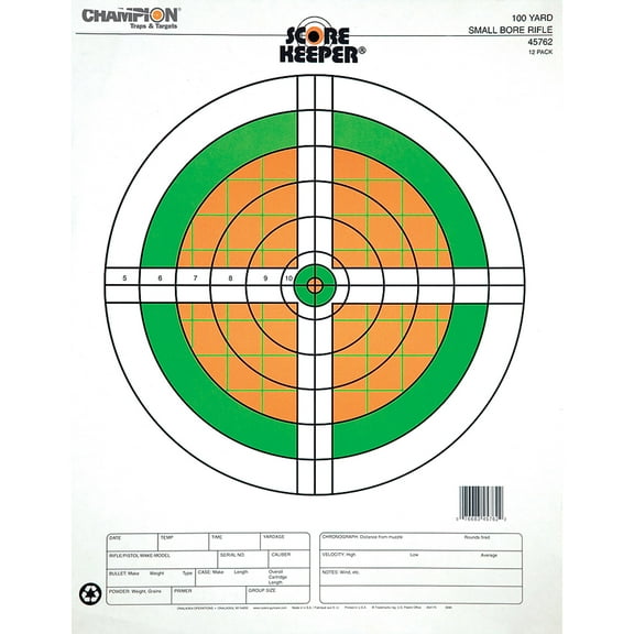 Champion Traps and Targets Fluorescent Orange/Green Bullseye Scorekeeper Target, 100 Yard Small Bore Rifle, 12pk