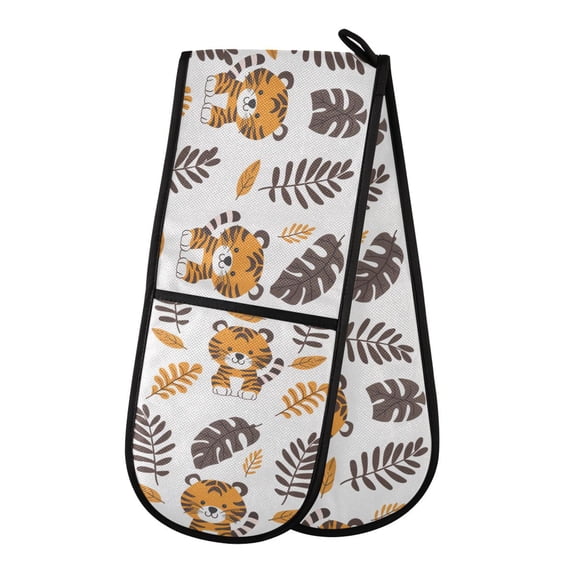 Dailycode Double Sided Oven Mitt with Loop Heat Resistant Kitchen Long Potholders 7" x 35" Cute Tigers with Leaves