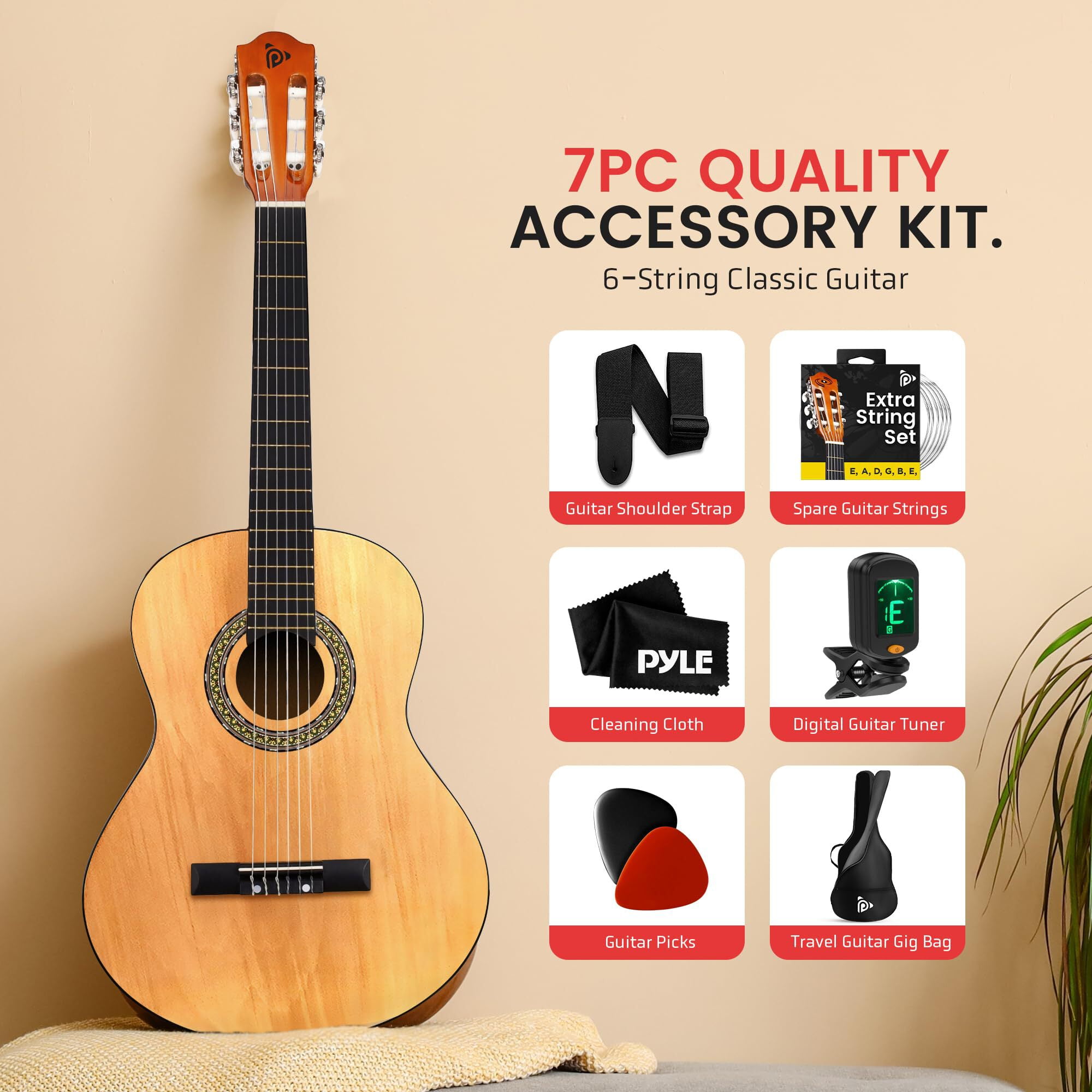 Beginner Acoustic Guitar Kit, 3/4 Junior Size All Wood Instrument, 36" Natural Wood Gloss, Right-Handed