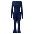 thumbnail image 4 of GILIGEGE Two Piece Sets for Women Women's 2 Sets Fold Over Flare Pants Set Long Sleeve Cropped Top Casual Outfits Pajamas Dark Blue M, 4 of 6