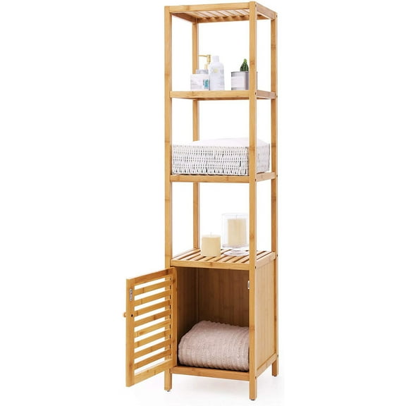 SONGMICS 4 Tiers Bamboo Bathroom Storage Shelving Unit Storage Rack Tower Corner Rack Natural
