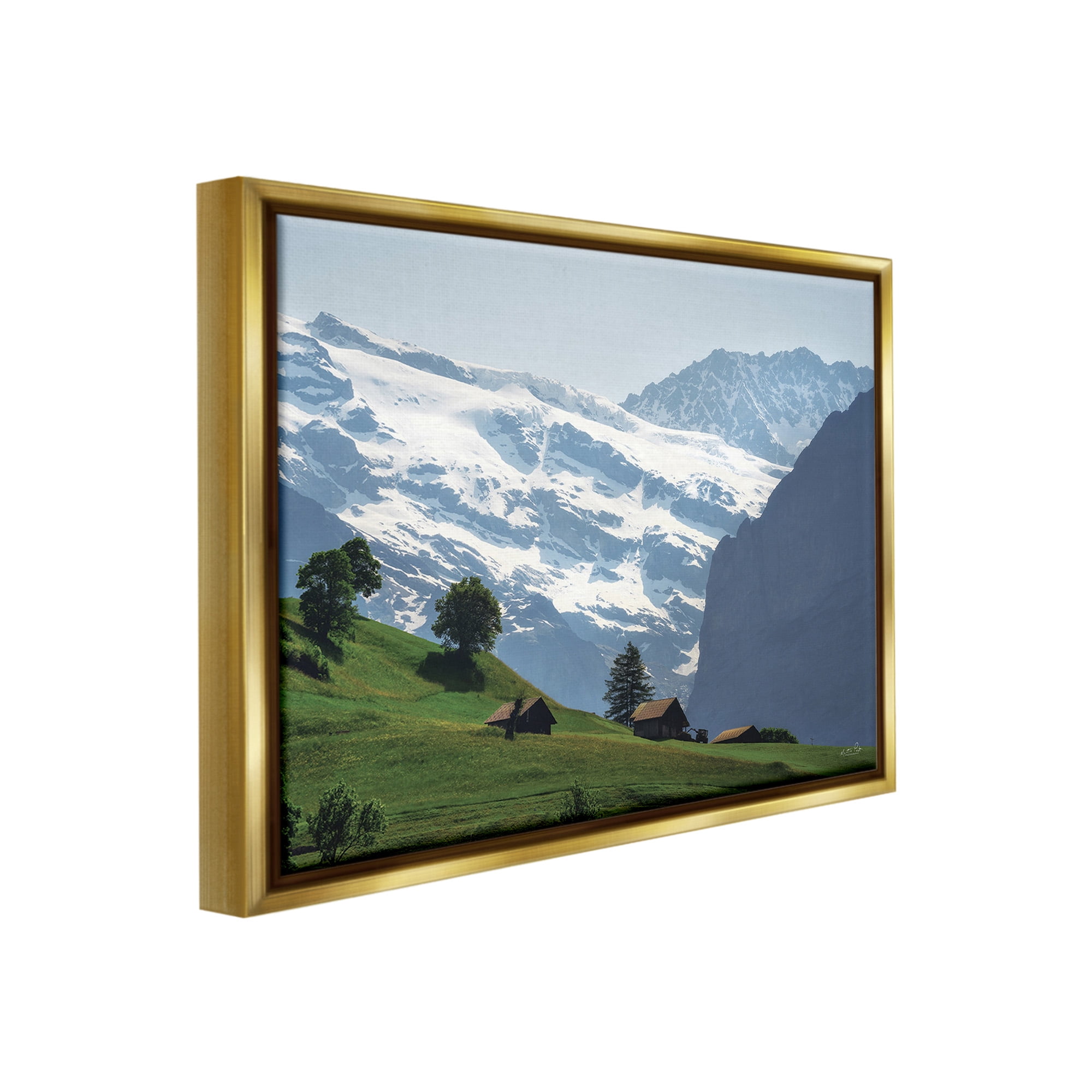 Stupell Industries Mountain Cottages Landscape Landscape Photography Gold Floater Framed Canvas Art Print Wall Art, 31 x 25