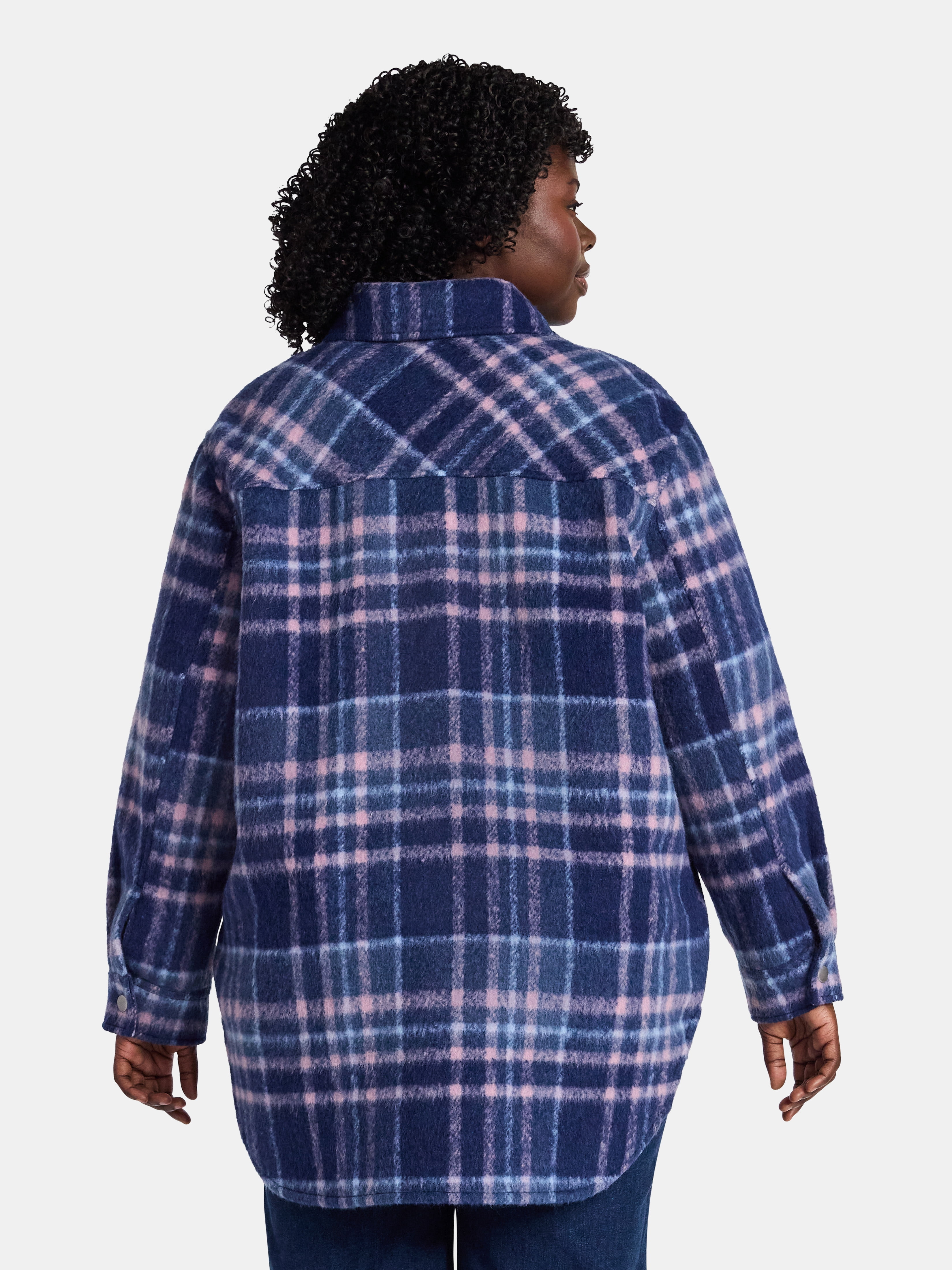 Terra & Sky Women's Plus Longline Brushed Plaid Shacket, Midweight, Sizes 0X-5X
