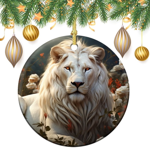 White Lion With Pink Roses Ornament African Wildlife Animal Christmas Tree Ornaments for Christmas Tree Decoration Xmas Party Decorations