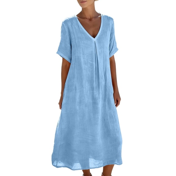 TIHLMK Women's V-Neck Short Sleeve Pocket Maxi Dresses Half Sleeve Casual Long Dresses with Relaxed Fit for Everyday Wear