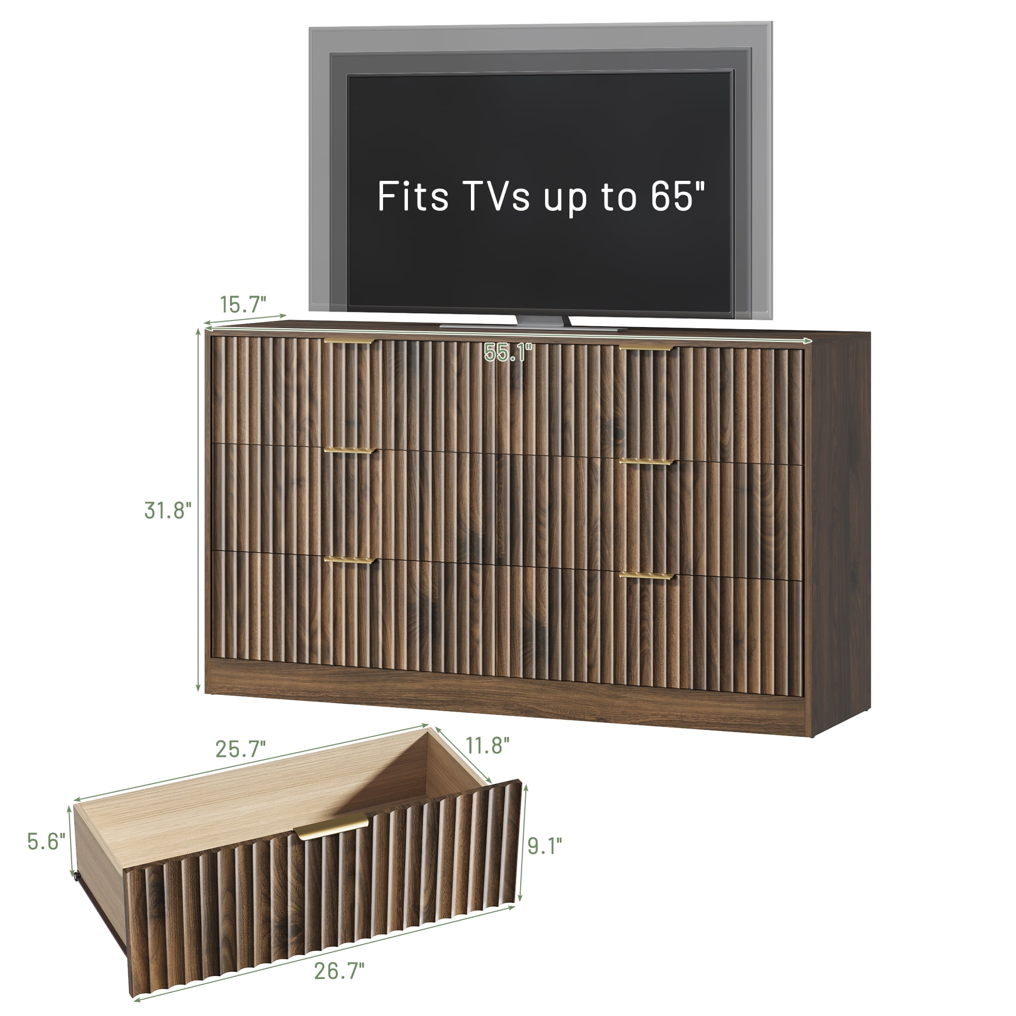ASTUVIA 55.1" W Fluted 6 Drawer Dresser for Adult,Wooden Bedroom Dresser,Dresser TV Stand up to 65" for Living Room,Brown