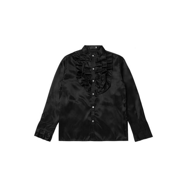 Faithtur Men Satin Ruffle Shirts, Long Sleeve Stand Collar Solid Color Slim Fit Dress Shirt