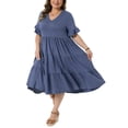 thumbnail image 4 of Agnes Orinda Women's Plus Size Babydoll Dresses V Neck Ruffle Sleeve Summer Swing Tiered Dress with Pockets 1X Navy Blue, 4 of 5