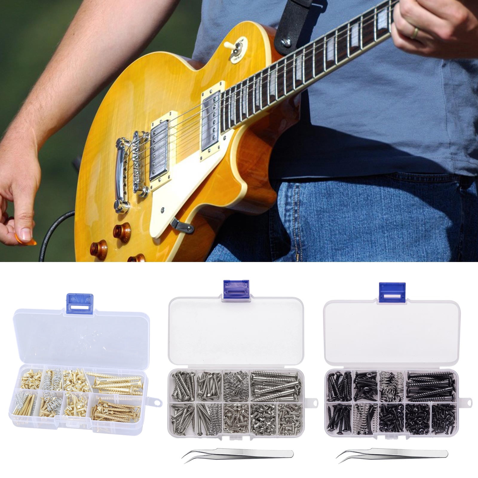 Guitar Screws Assortment Box Kits for Electric Guitar Tuner, Neck Plate, with Springs, 9 Types, Total 173 Pieces