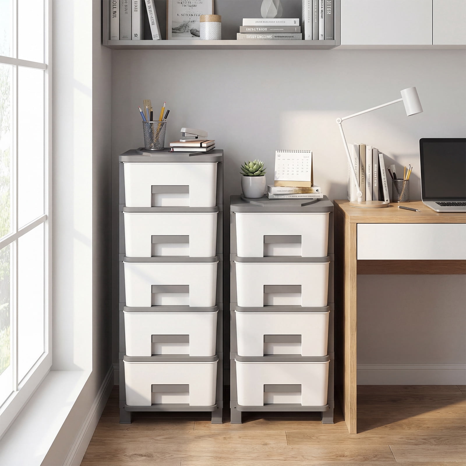 Costway 1 PCS 4-Drawer Storage File Cabinet, Plastic Storage Organizer with Handles for Bedroom White + Gray
