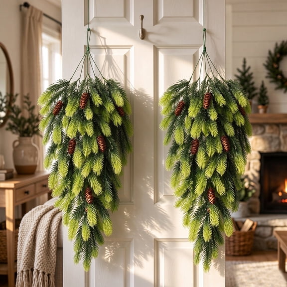 2 Pcs Norfolk Pine Christmas Swag ,Norfolk Pine Teardrop Swag,Christmas Teardrop Wreath for Door Window Mantle Fireplace Indoor Outdoor Home Decor