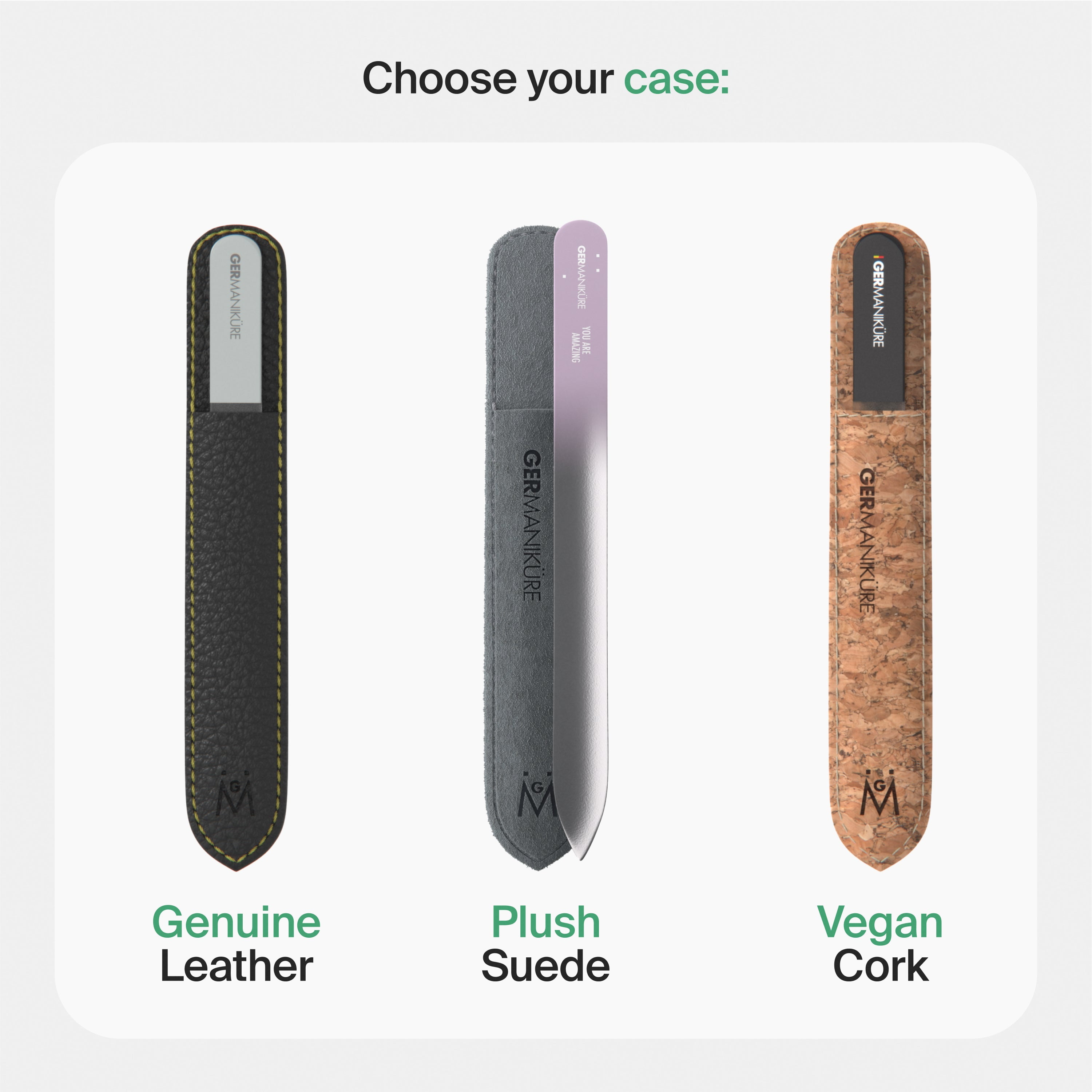GERMANIKURE Black Glass Nail File Set in Leather Cases - Ethically Made in Czech Republic - 2pc Fingernail File & Small Travel Nail File - Professional Manicure & Pedicure Kit for Natural Nails