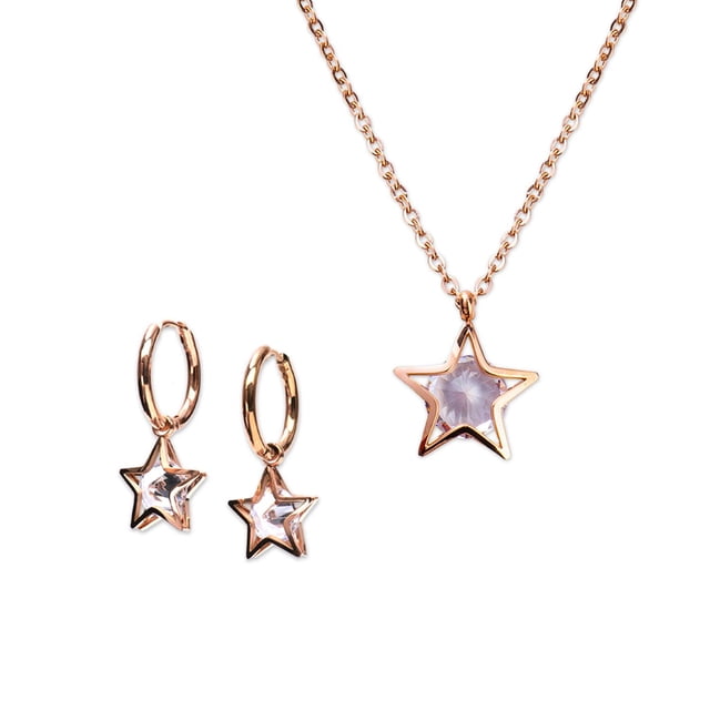 Juego de Joyería Mujer Dije de Estrella LuckyLy Aretes y Collar de Acero Inoxidable con Zirconia Cúbica Modelo Cira rosa UNITALLA