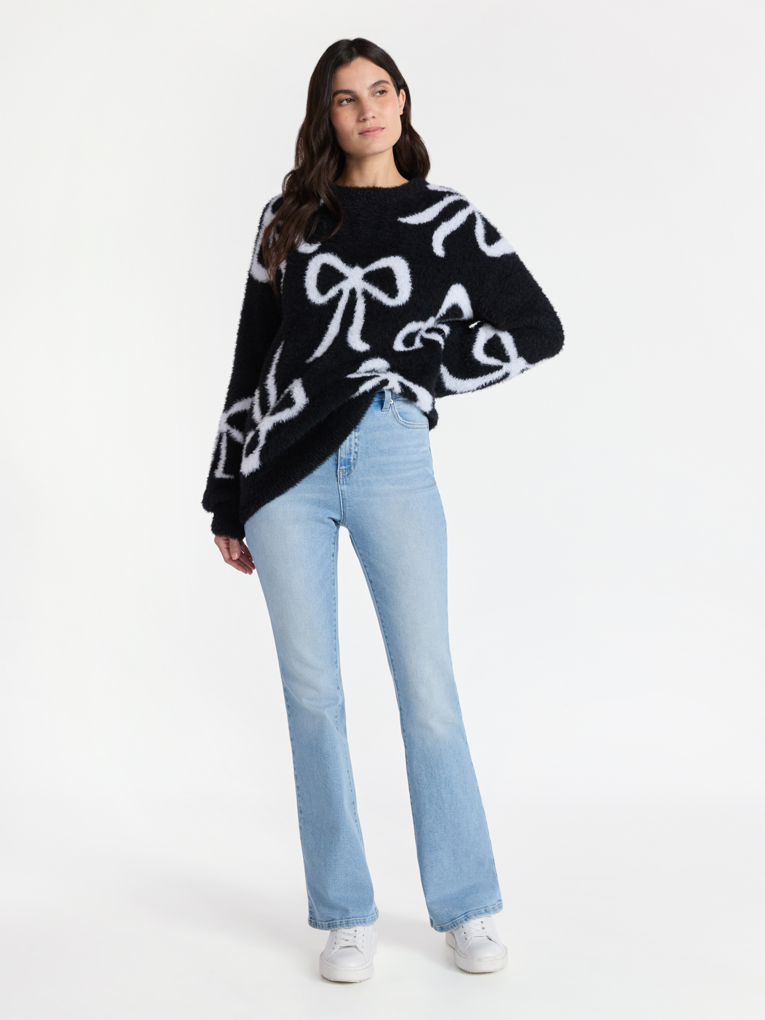 99 Jane Street Women's and Women's Plus Bow Print Pullover Sweater, Midweight, Sizes XS-4X