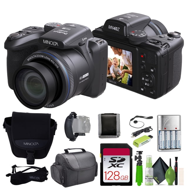 MINOLTA MN40Z 20 Mega Pixels 40x Optical Zoom Digital Camera with 1080p FHD Video, Black, Bundle with 64GB Memory Card + Vlog Tripod + 4xAA Battery with Charger + Accessories