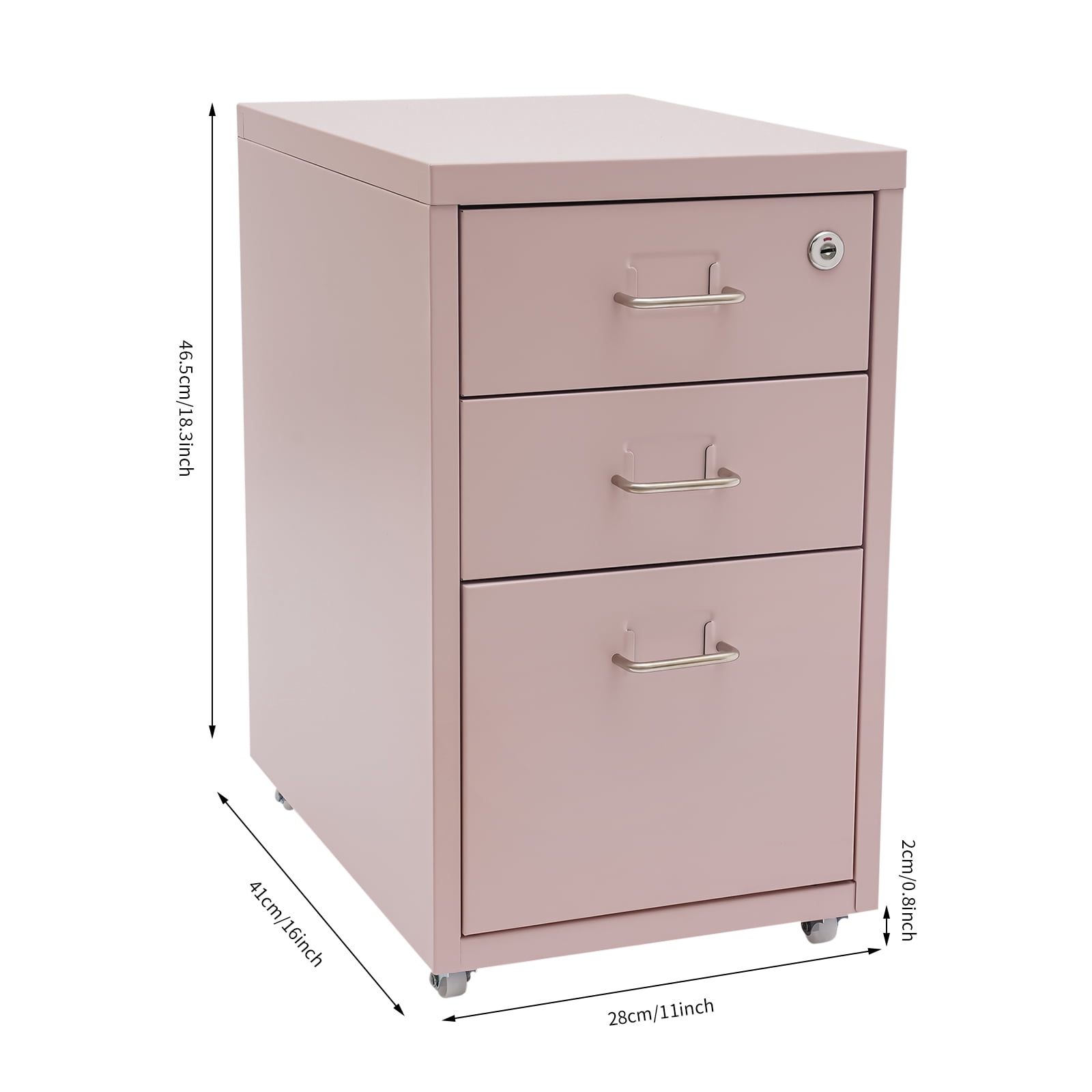 3-tier Pink Home Office Metal Mobile File Cabinet Modern Vertical File Cabinet With Lock Cold-rolled Steel