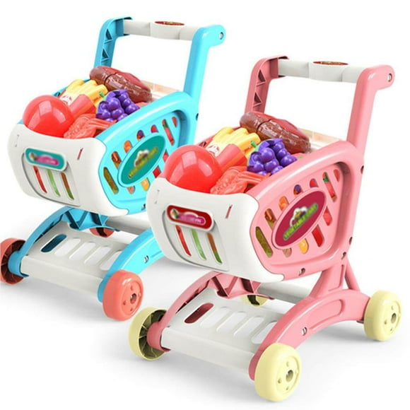 Shopping Cart Supermarket Trolley Push Car Girls Toys Cutting Cart Multicolored Food Fruit Pretend Play Kids Toy Shopping Basket Blue