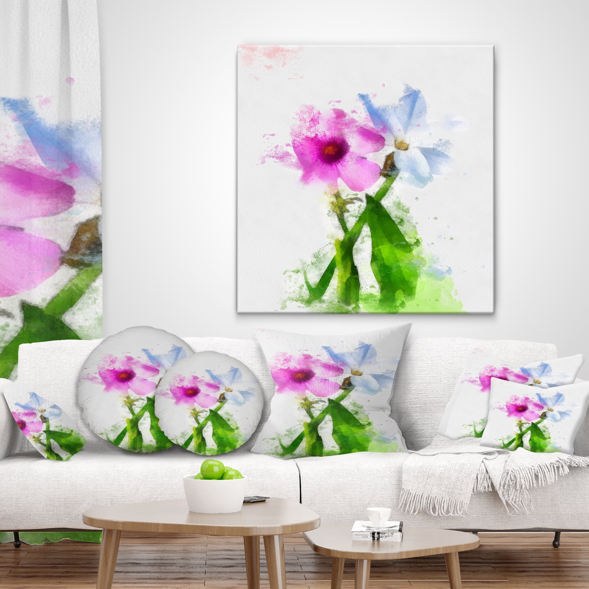 Designart Purple Mallow and Blue Chamomile - Floral Throw Pillow - 18x18