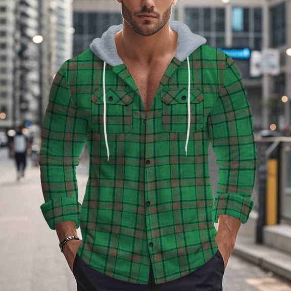 Ceisia Men's Loose Hooded Flannel Tartan Jacket Buttoned Pocket Long Sleeve Casual Gift Outerwear