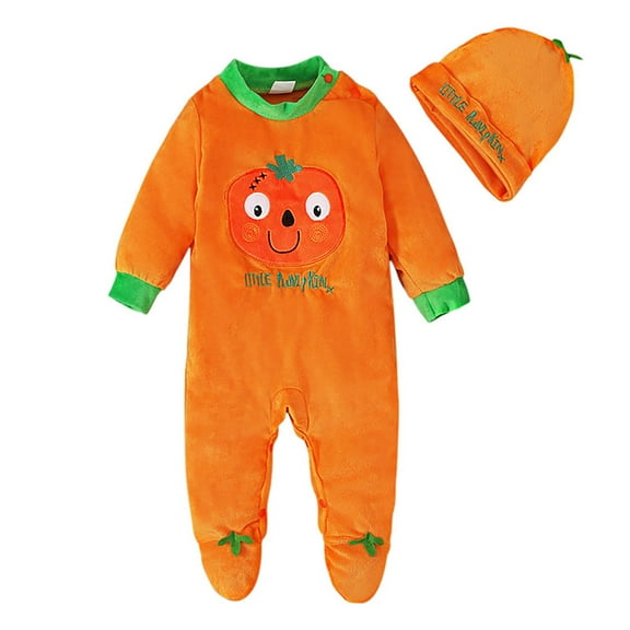 Vividxx Baby Halloween Boy Girl Cute Pumpkin Romper Jumpsuit Warm Footed Halloween Onesie Solid Color Newborn O-Neck Holiday Dailywear