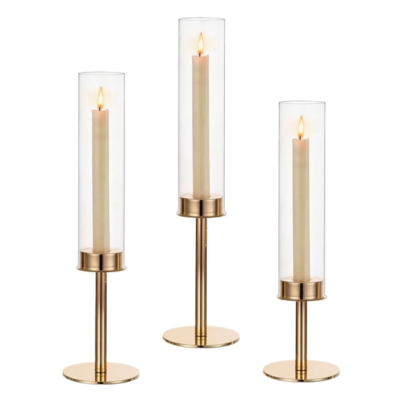 TickJOY Gold Candle Stick Holders, Candle Holder Set with Glass Hurricane for Dining Room, Premium Gift Set for Wedding, Fall Centerpieces for Tables, Warmly Gift for Home Decor, Christmas Decor