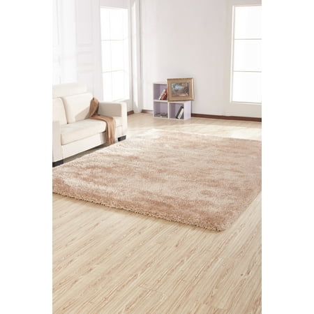 Rug Size 5'x7' Shaggy Area Rug In Solid Beige with Cotton Backing. 100% Polyester with Two type of Yarns, Appx. Two Inch Pile Height Thickness