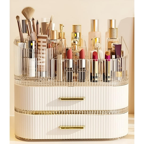Organizador de maquillaje SpaceLuxe con cajones y cepillo giratorio de 360°