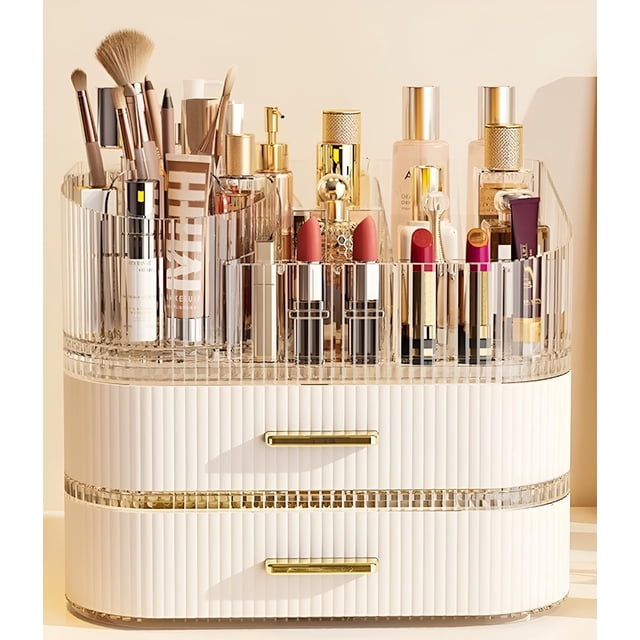 Organizador de maquillaje SpaceLuxe con cajones y cepillo giratorio de 360°