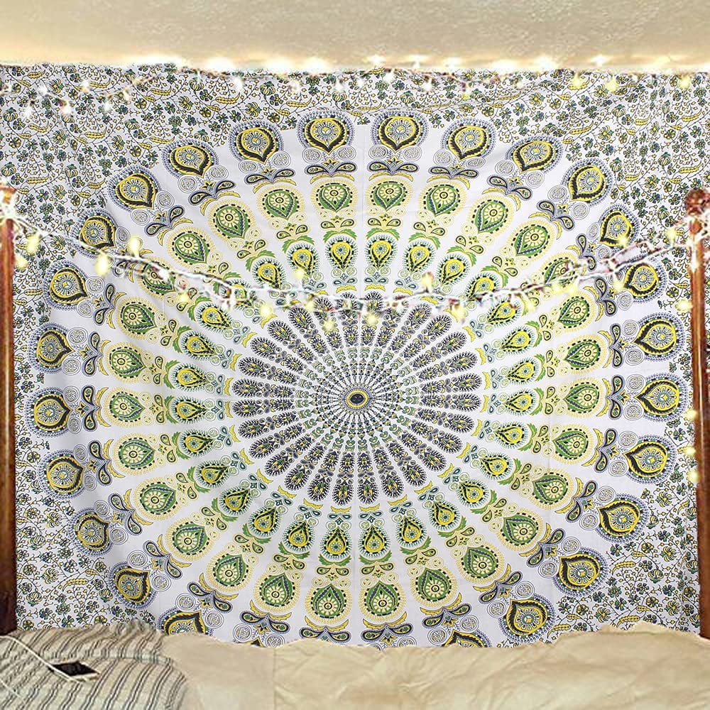 Wekity hippie Bohemian Psychedelic Golden Blue Peacock Mandala Wall hanging Bedding Tapestry Yellow Green Size 59.1 x 78.7 K166