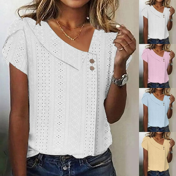 FRSASU Womens solid color V Neck Short Sleeve T Shirts Summer Tops Casual Loose Tees Trending top Yellow