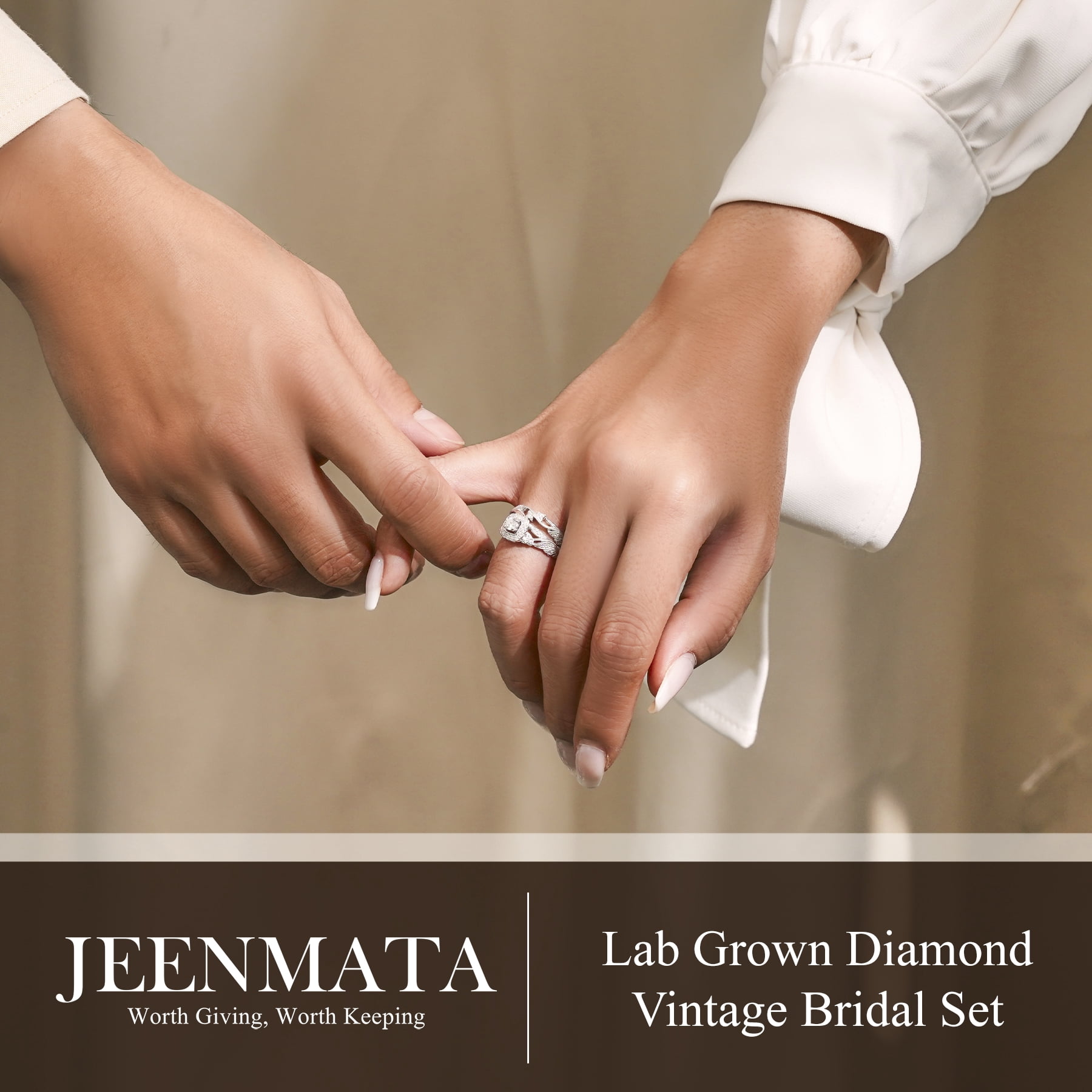 JeenMata Round Cut Lab Grown Diamond - Art Deco Style - Wedding Ring Set in 18K White Gold Plating for Women