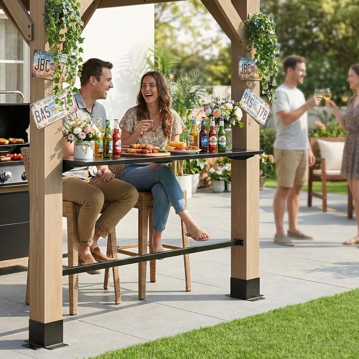 CHARMELEON 6 Ft. x 12 Ft. Cedar Wood Grill Gazebo with Storage Cabinet & Bar Counter, Permanent BBQ Pavilion with Galvanized Steel Roof for Patio, Backyard, Garden, Deck