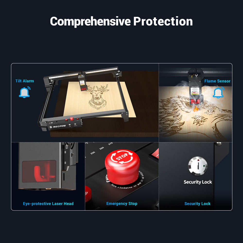 Mecpow X5 Pro 33W Engraver, Auto Air Assist, 0.08×0.1mm Precision Spot, 28000mm/min Speed, Safety Lock, Emergency Stop, Offline Operation, 600×600mm Work Area