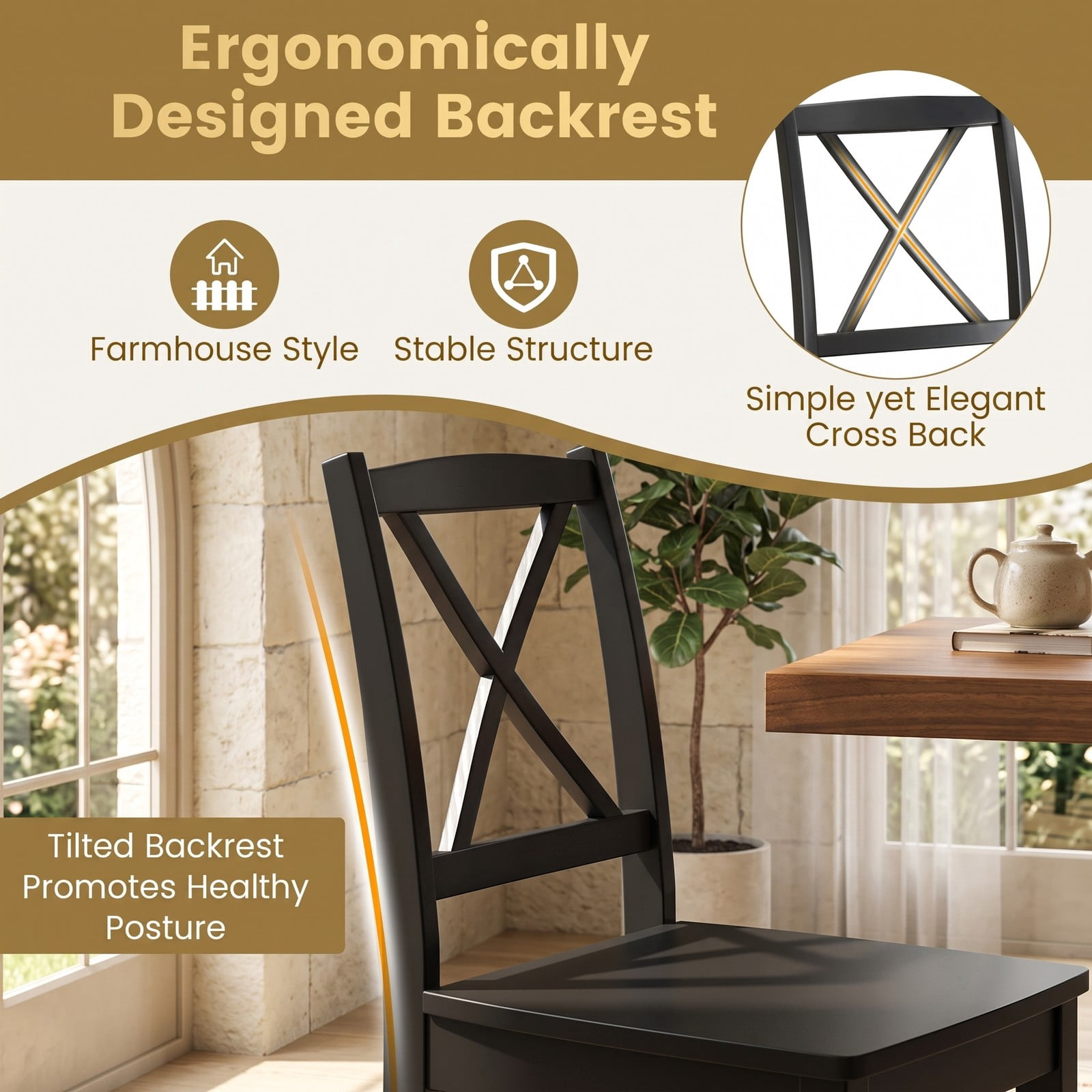 Furnibear Wood Dining Chair Set of 2, Farmhouse Kitchen Side Chairs with Rubber Wood Legs, Curved Cross Back and Non-Slip Foot Pads for Dining Room, Black