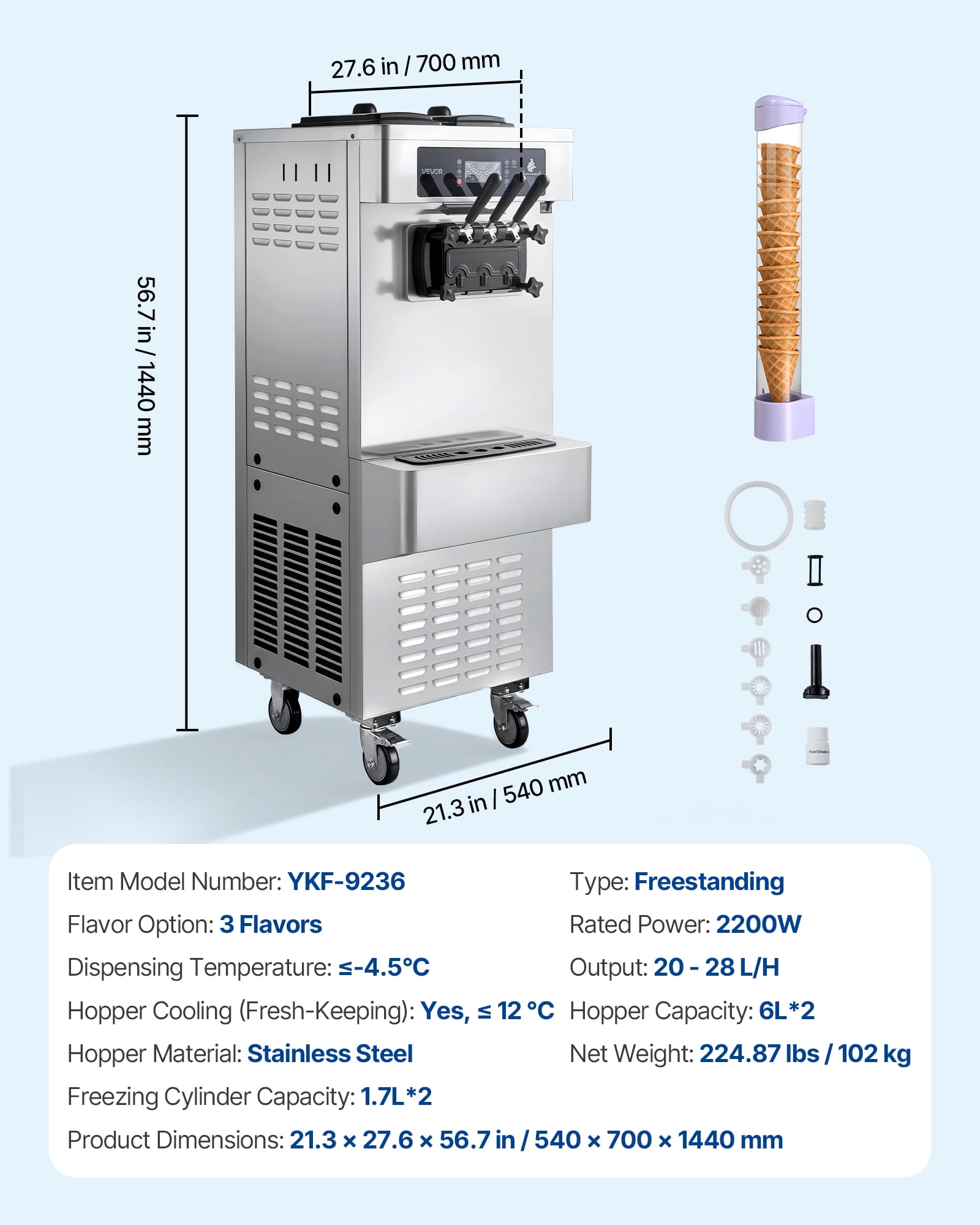 VEVOR Commercial Ice Cream Machine, 20-28L/H Yield, 2200W 3-Flavor Freestanding Soft Serve Ice Cream Maker with 2 x 6L Hoppers & Built-In Puffing Pump,Pre-Cooling Low-Mix Alert for Snack Dessert Shop
