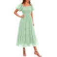 thumbnail image 1 of Vestido midi con fruncido y mangas abullonadas de tul verde claro PRETTYGARDEN M, 1 of 7