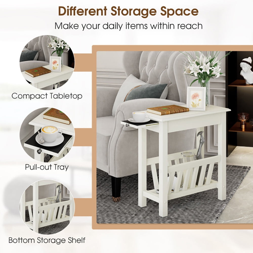 Finihen End Table, 2-Tier End Table with Pull-out Tray and Solid Rubber Wood Legs, Sofa Side Table, Bed Side Table, for Living Room, Bedroom, White Finihen End Table, 2-Tier End Table with Pull-out Tray and Solid Rubber Wood Legs, Sofa Side Table, Bed Side Table, for Living Room, Bedroom, White