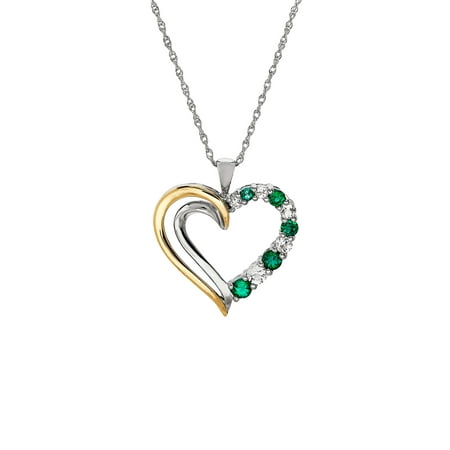 Diamond Open Heart Pendant - Duet Created Emerald with White Topaz Sterling Silver and 10K Yellow Gold Open Heart Pendant, 18