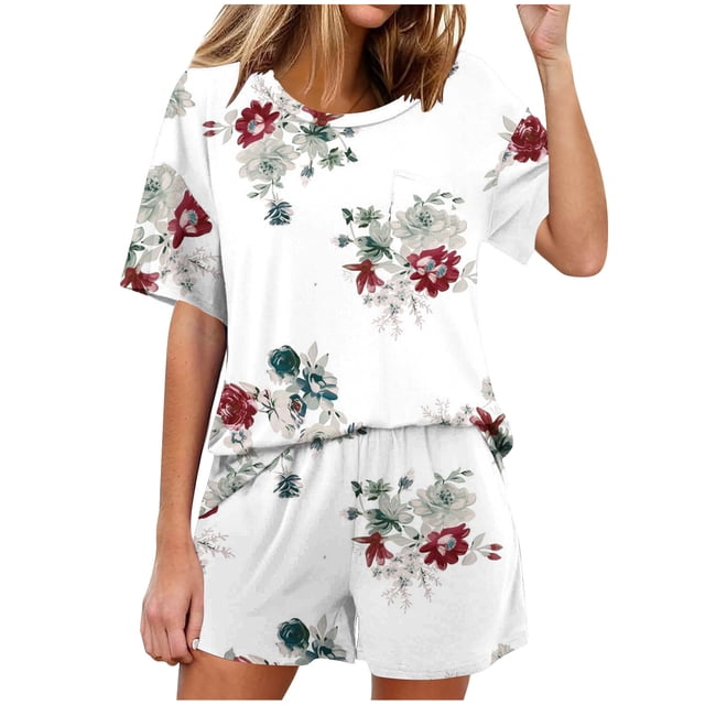 Conjunto de Pijama de las Mujeres de Moda Casual Color Sólido Manga Corta Cuello Redondo Top Y Pantalones