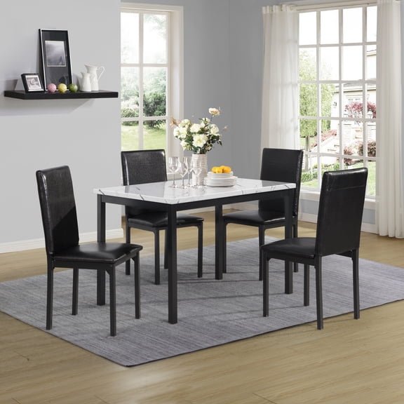 Miekor Furniture Citico Metal Dinette Set with Laminated Faux Marble Top, White Table with Black Chairs, 5 Piece No4828
