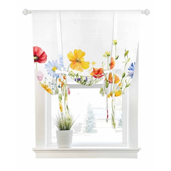 Watercolor Flowers Tie Up Curtains for Window, Thermal Insulated Balloon Shade Adjustable Rod Pocket Curtains Valance Panels for Kitchen Bathroom Cafe 52 x 63 Daisy Purple Orange Blue Floral
