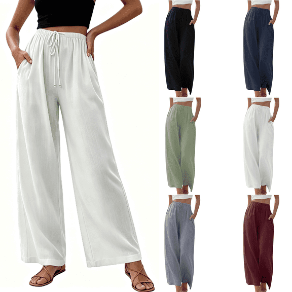Pants for Women Wide Leg Linen Pant Flowy Palazzo Summer Casual Pants with Pocket Drawstring Comfort Loose Lounge Pants