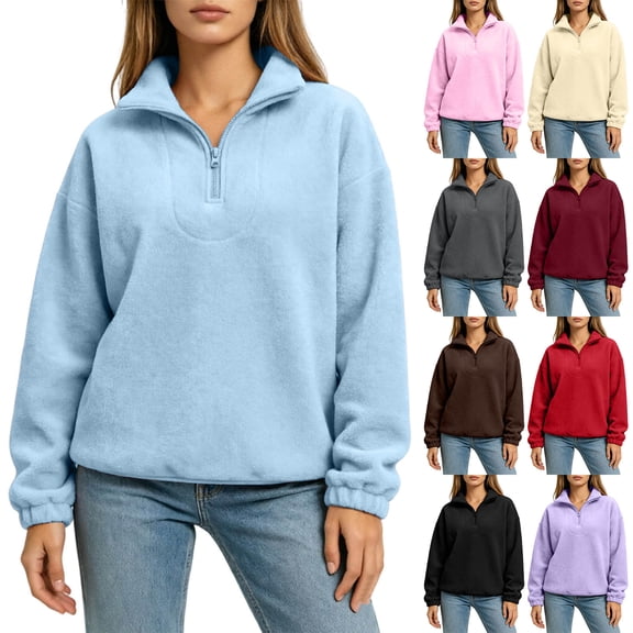 AKOEE Quarter Zip Pullover Womens Fleece Fuzzy Sweater Loose Long Sleeve Casual Warm Plain Sweatshirts Winter (M, Blue)