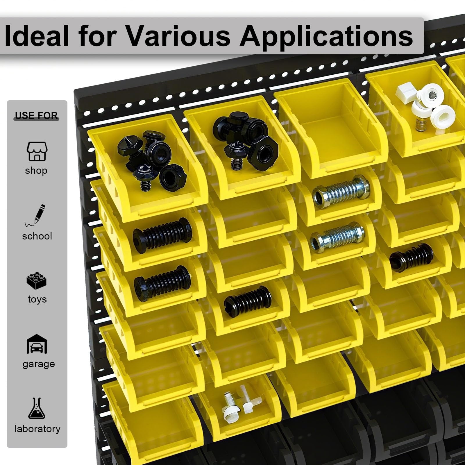 60 PCS Wall Mounted Storage Bins Organizer, Large Plastic Nut & Bolt Organizer with Pegboard, Screw Storage Bins for Garage, Workshop, Hardware, Crafts (Yellow & Black)